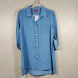 03549 Toofan blue chambray button front tabbed sleeve shirt M NWT